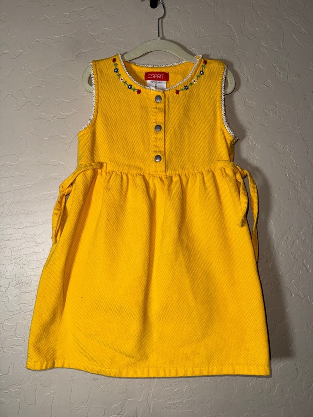 Espirit mini yellow vintage style jumper dress embroidered floral lace trim